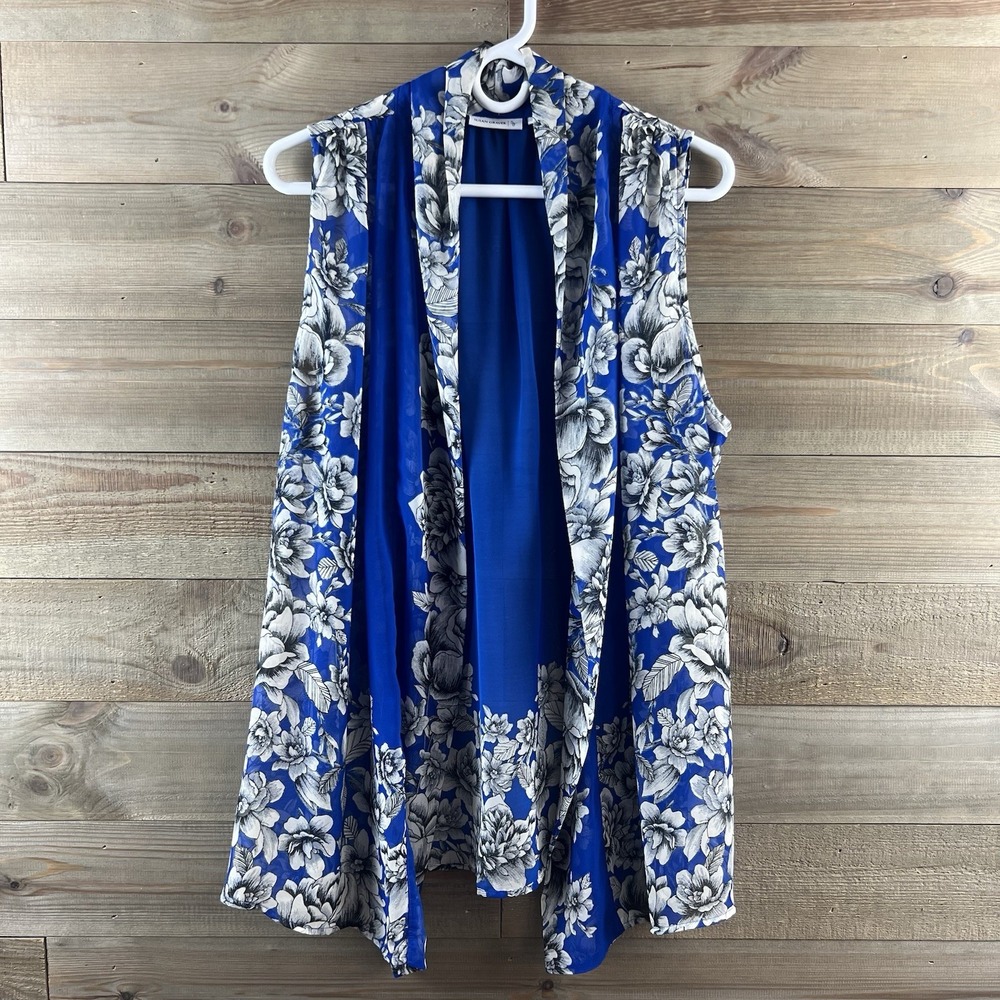 Susan Graver Womens Vest Sleeveless Sheer Floral Open Front Blue Size Large
